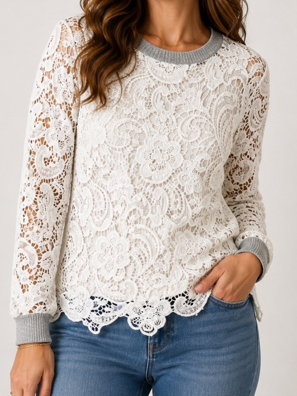 Halogen White Floral Lace Crochet Sweater Top Gray Trim Medium